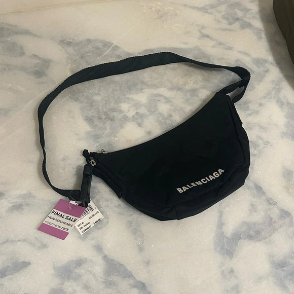 Balenciaga Black Nylon Embroidered half Semi Circle Crescent Cloth Sport Bag - Picture 3 of 9